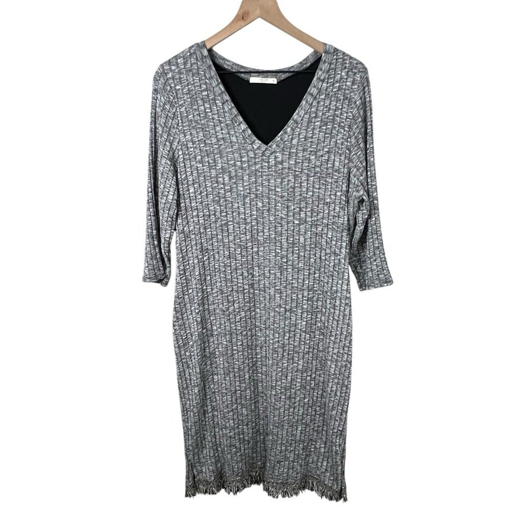 Le Lis Womens XXL Gray Stretch 3/4 Sleeve Ribbed Fringeβ Hem Sheath Midi Dress